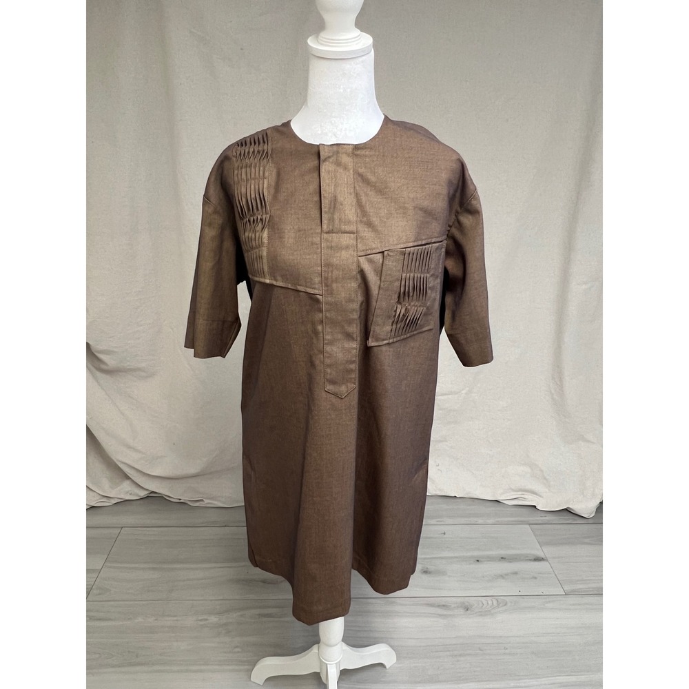 Men's Dashiki Tunic Top Pleated Kaftan Bronze Brown Sz M Modern Global